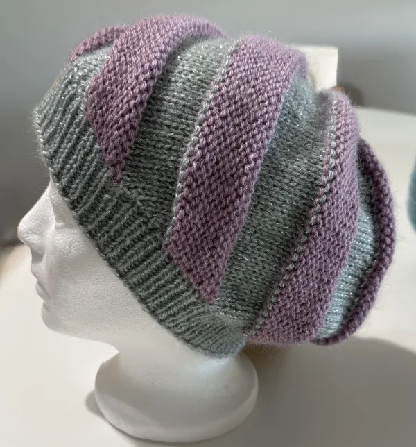 Hand-Knitted Slouchy Hat – Lavender & Grey Spiral Design